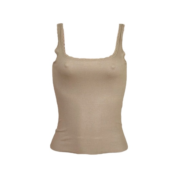JOAH BROWN Scoop Neck Tank W/ Lace Trim, Taupe Rib, SM - Picture 5 of 11